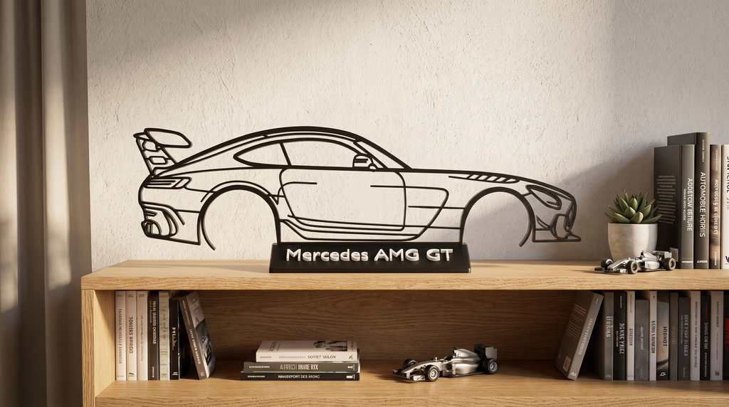 Mercedes AMG GT Silhouette als Regal-Deko im Wohnzimmer