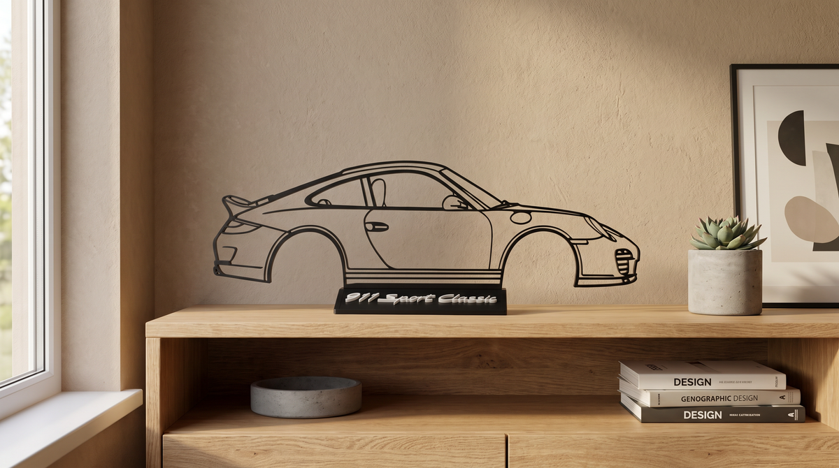 Porsche 911 Sport Classic Silhouette als Regal-Deko im Wohnzimmer