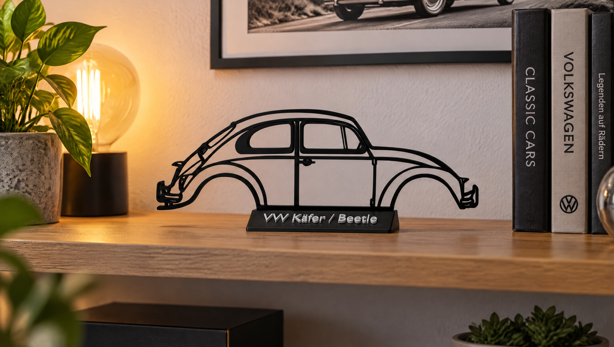 VW Käfer Silhouette als Regal-Deko im Wohnzimmer